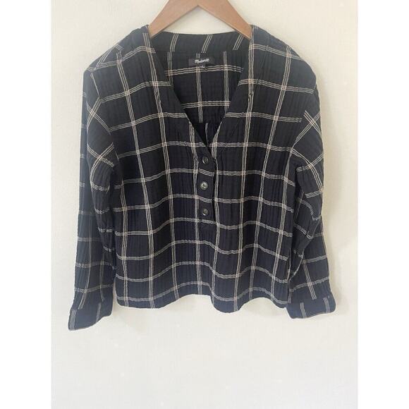 Madewell Tops - Madewell Lightspun Evert Top in Windowpane Plaid Size Small Black Double Gauze